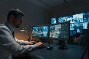 Security guards monitoring modern CCTV cameras indoors